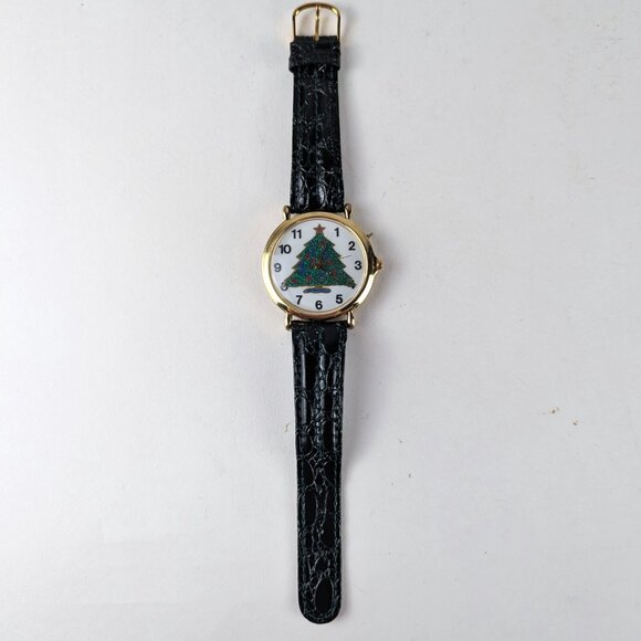 Vintage Green Leather Christmas Tree Watch - Picture 2 of 11